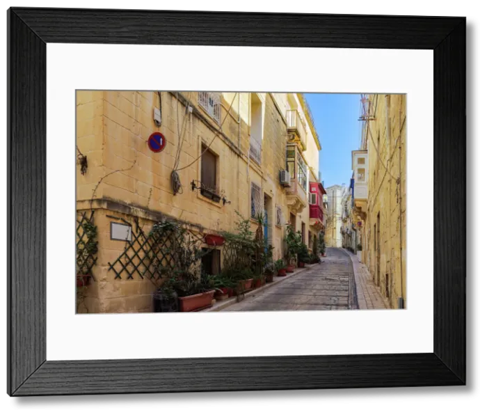 Framed Print : Traditional Maltese limestone buildings with coloured balconies in the vibrant alleys of the old city Birgu (Citta Vittoriosa), Malta, Mediterranean, Europe Framed Print : Traditional Maltese limestone buildings with coloured balconies in the vibrant alleys of the old city Birgu (Citta Vittoriosa), Malta, Mediterranean, Europe