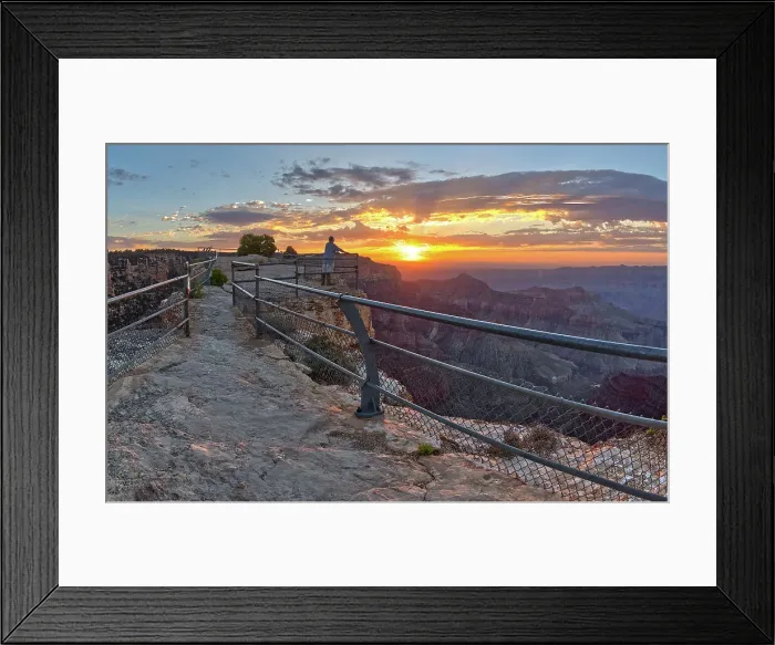 Framed Print : A lone hiker on Angels Window Overlook at Grand Canyon North Rim Arizona looking out at the sunrise Framed Print : A lone hiker on Angels Window Overlook at Grand Canyon North Rim Arizona looking out at the sunrise