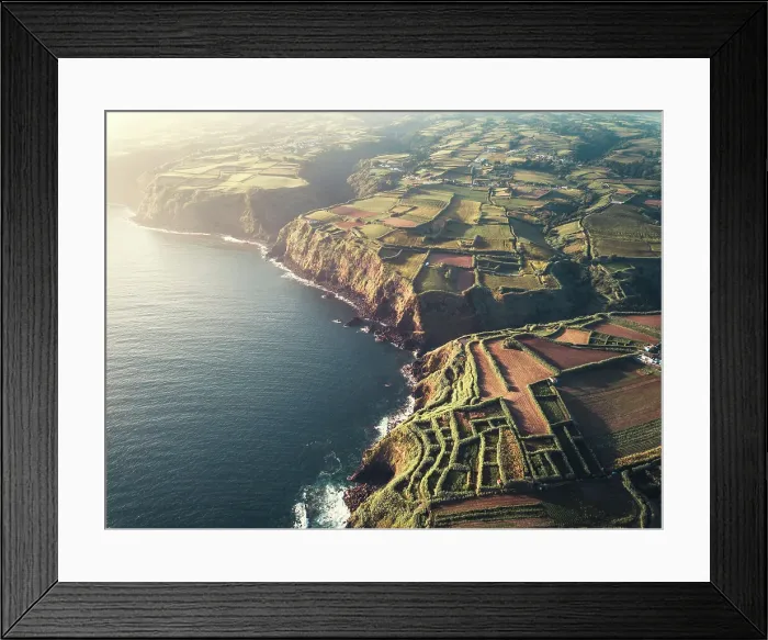 Framed Print : Aerial view of Sao Miguel shores and coastline at sunrise, Azores Islands, Portugal, Atlantic, Europe Framed Print : Aerial view of Sao Miguel shores and coastline at sunrise, Azores Islands, Portugal, Atlantic, Europe