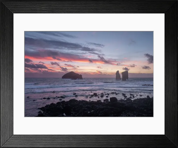 Framed Print : The sea stacks of Mosteiros at twilight seen from the rocky shore, Sao Miguel Island, Azores Islands, Portugal, Atlantic, Europe Framed Print : The sea stacks of Mosteiros at twilight seen from the rocky shore, Sao Miguel Island, Azores Islands, Portugal, Atlantic, Europe
