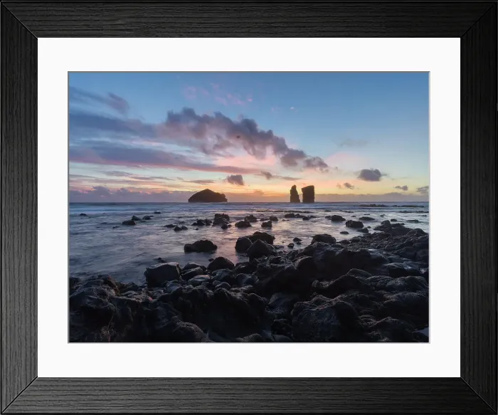 Framed Print : Sunset over the sea stacks of Mosteiros on Sao Miguel Island, Azores Islands, Portugal, Atlantic, Europe Framed Print : Sunset over the sea stacks of Mosteiros on Sao Miguel Island, Azores Islands, Portugal, Atlantic, Europe