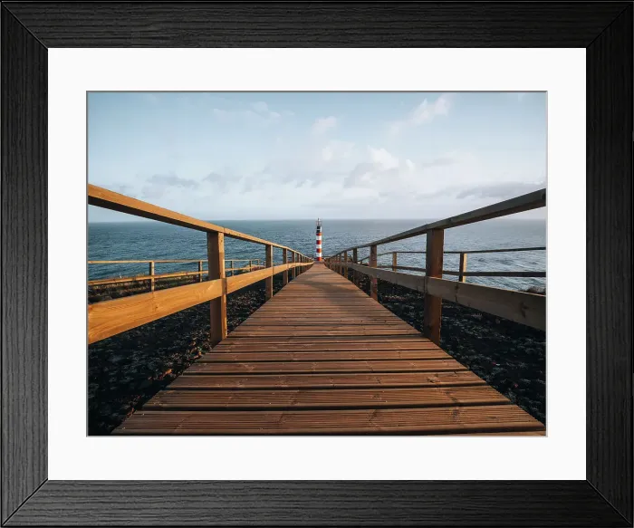 Framed Print : Farolim dos Fenais da Ajuda lighthouse with a symmetrical wooden path leading to it, Sao Miguel island, Azores Islands, Portugal, Atlantic, Europe