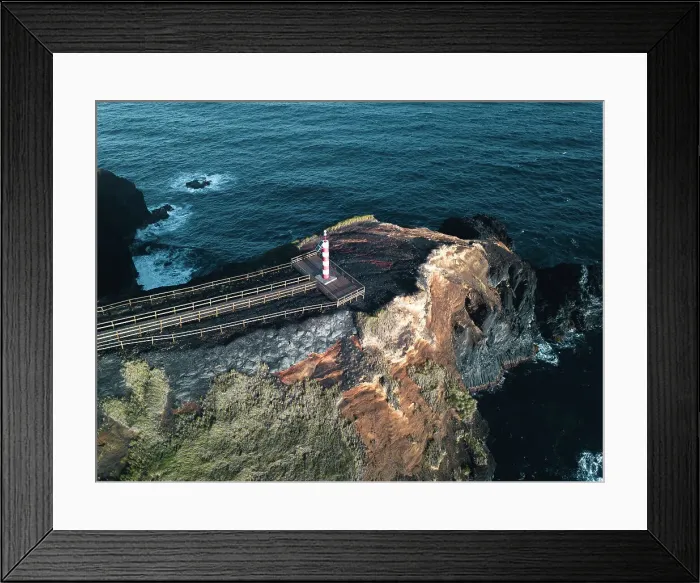 Framed Print : Aerial view of Farolim dos Fenais da Ajuda lighthouse on a cliff, Sao Miguel island, Azores Islands, Portugal, Atlantic, Europe Framed Print : Aerial view of Farolim dos Fenais da Ajuda lighthouse on a cliff, Sao Miguel island, Azores Islands, Portugal, Atlantic, Europe