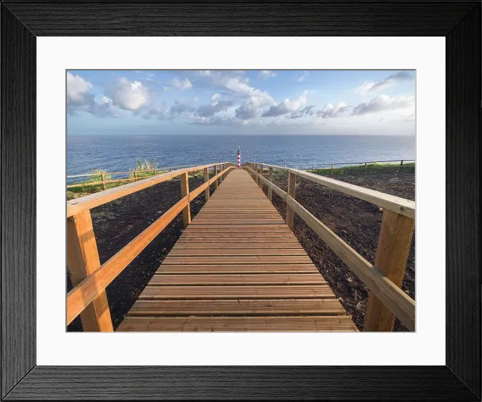 Framed Print : Farolim dos Fenais da Ajuda lighthouse with a symmetrical wooden path leading to it, Sao Miguel island, Azores Islands, Portugal, Atlantic, Europe Framed Print : Farolim dos Fenais da Ajuda lighthouse with a symmetrical wooden path leading to it, Sao Miguel island, Azores Islands, Portugal, Atlantic, Europe