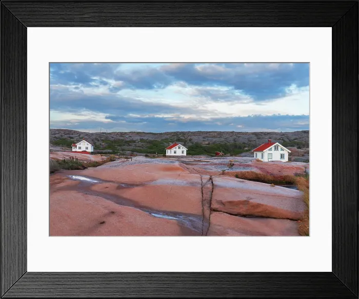 Framed Print : Three isolated houses on red granite island at dusk, Bohuslan, Vastra Gotaland, West Sweden, Sweden, Scandinavia, Europe Framed Print : Three isolated houses on red granite island at dusk, Bohuslan, Vastra Gotaland, West Sweden, Sweden, Scandinavia, Europe