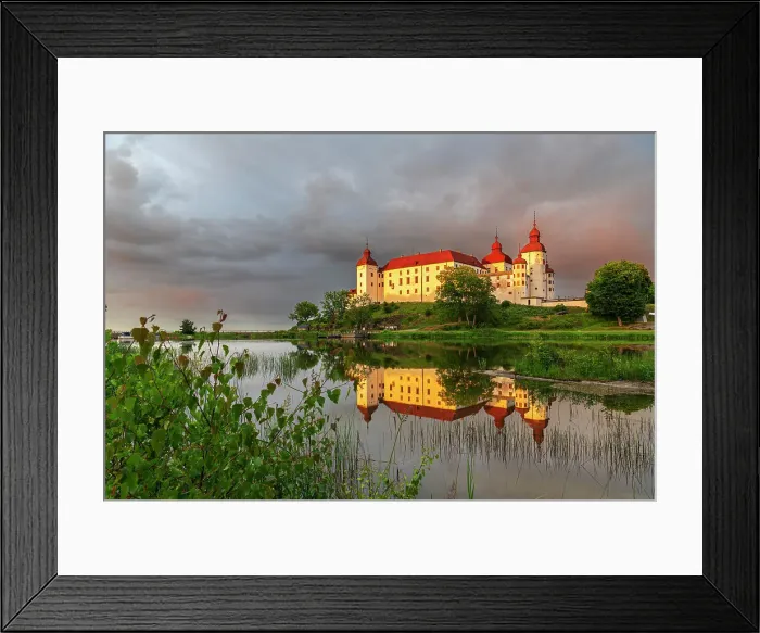 Framed Print : Lacko Castle and the reflection in the water at sunset, Kallandso island, Vanern lake, Vastra Gotaland, Sweden, Scandinavia, Europe Framed Print : Lacko Castle and the reflection in the water at sunset, Kallandso island, Vanern lake, Vastra Gotaland, Sweden, Scandinavia, Europe