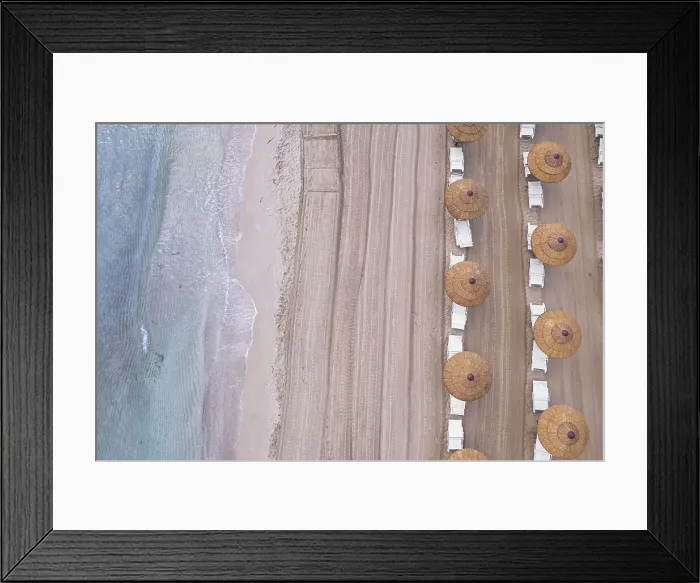 Framed Print : Drone view of beach straw umbrellas on an empty beach, Sicily, Mediterranean Sea, Italy, Europe Framed Print : Drone view of beach straw umbrellas on an empty beach, Sicily, Mediterranean Sea, Italy, Europe