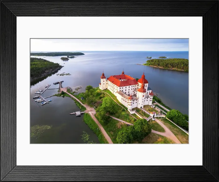 Framed Print : Lacko Castle at sunset, aerial view, Kallandso island, Vanern lake, Vastra Gotaland, Sweden, Scandinavia, Europe Framed Print : Lacko Castle at sunset, aerial view, Kallandso island, Vanern lake, Vastra Gotaland, Sweden, Scandinavia, Europe