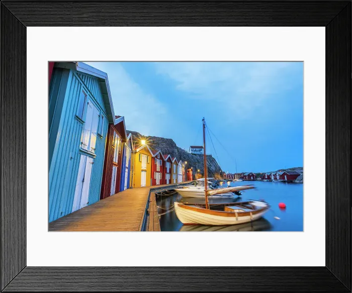 Framed Print : Colorful fishing huts with wooden boat moored at the jetty at dusk, Smogen, Bohuslan, Vastra Gotaland, West Sweden, Sweden, Scandinavia, Europe Framed Print : Colorful fishing huts with wooden boat moored at the jetty at dusk, Smogen, Bohuslan, Vastra Gotaland, West Sweden, Sweden, Scandinavia, Europe