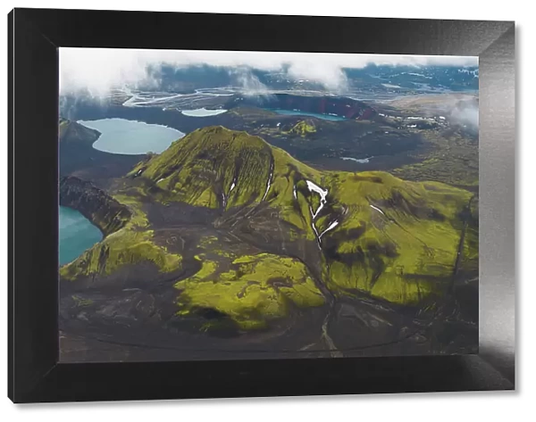 Aerial view taken by drone of Landmannalaugar mountain on a cloudy summer day, Iceland, Polar Regions