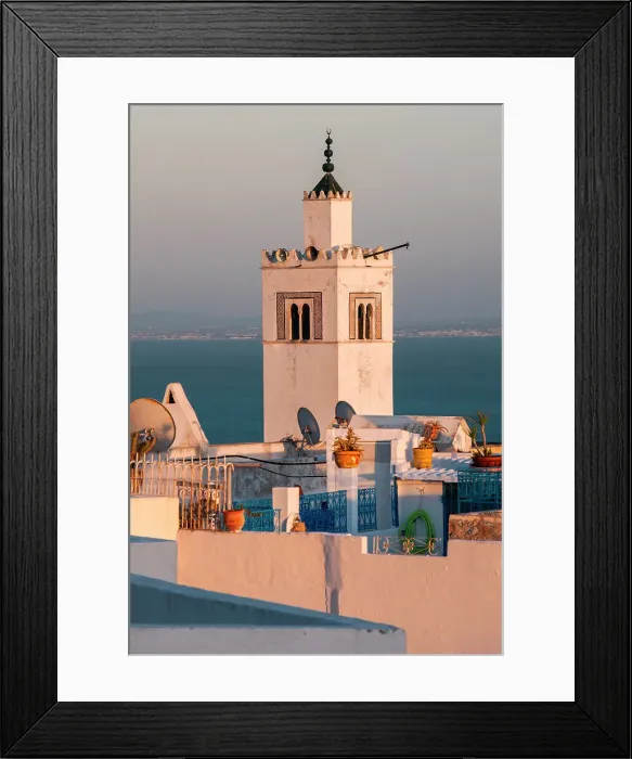 Framed Print : Tower and rooftops of Sidi Bou Said at sunset in front of the Mediterranean, Tunis, Tunisia, North Africa, Africa Framed Print : Tower and rooftops of Sidi Bou Said at sunset in front of the Mediterranean, Tunis, Tunisia, North Africa, Africa