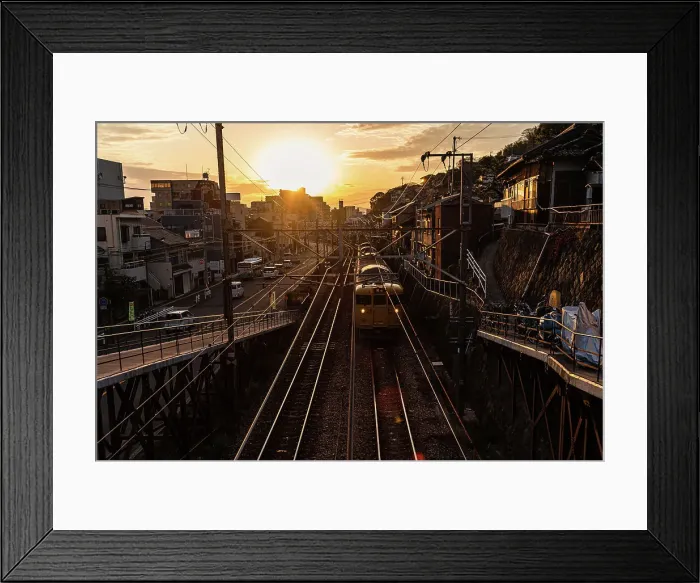 Framed Print : View from a railway bridge with a yellow Japanese train approaching during sunset, Onomichi, Honshu, Japan, Asia Framed Print : View from a railway bridge with a yellow Japanese train approaching during sunset, Onomichi, Honshu, Japan, Asia