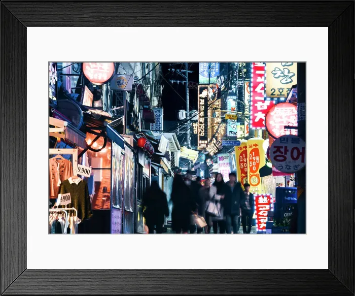 Framed Print : A bustling street scene at night in in Seoul's student district, Seoul, South Korea, Asia Framed Print : A bustling street scene at night in in Seoul's student district, Seoul, South Korea, Asia