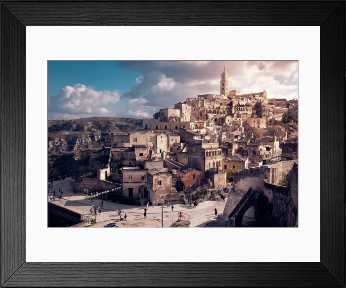 Framed Print : Wide view of the ancient cave city of Matera at sunset, Matera, Basilicata, Italy, Europe Framed Print : Wide view of the ancient cave city of Matera at sunset, Matera, Basilicata, Italy, Europe
