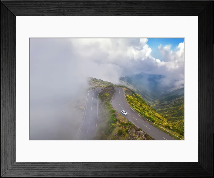Framed Print : Aerial view of a car at Lombo do Mouro, Laurel's forest, Paul da Serra, Madeira, Portugal, Atlantic, Europe Framed Print : Aerial view of a car at Lombo do Mouro, Laurel's forest, Paul da Serra, Madeira, Portugal, Atlantic, Europe