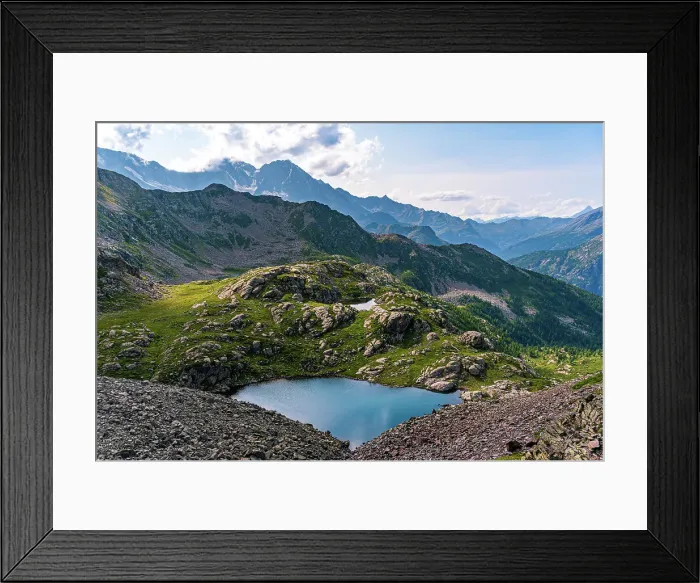 Framed Print : Beautiful nameless mountain lake view from Cima Verosso on the border of Italy and Switzerland, Zwischbergen, Valais, Switzerland, Europe Framed Print : Beautiful nameless mountain lake view from Cima Verosso on the border of Italy and Switzerland, Zwischbergen, Valais, Switzerland, Europe
