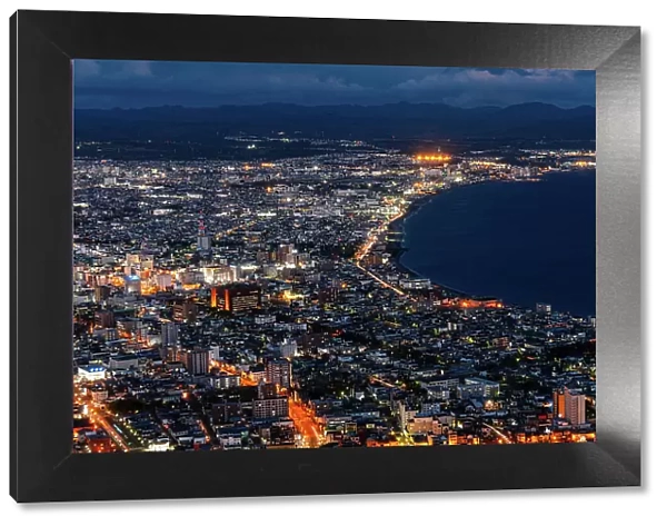 Aerial of the skyline of Hakodate at night, Hakodate, Hokkaido, Japan, Asia
