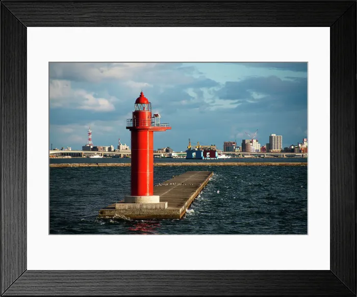 Framed Print : Red lighthouse in front of the harbor of Hakodate, Hokkaido, Japan, Asia