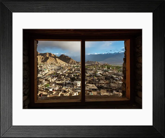 Framed Print : View through the frame of a window onto the skyline of Leh, Ladakh, Himalayas, northern India, Asia