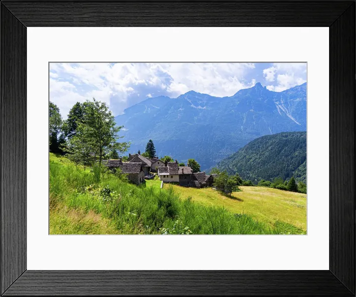 Framed Print : Idyllic alpine village on a green slope with an mountainous background, Varzo, the Valley of Ossola, Piedmont, Italy, Europe Framed Print : Idyllic alpine village on a green slope with an mountainous background, Varzo, the Valley of Ossola, Piedmont, Italy, Europe