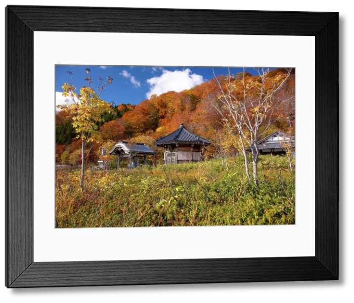 Framed Print : Beautiful Japanese temple surrounded by golden and red autumn colors, Osorezan Bodaiji Temple, Mutsu, Aomori prefecture, Honshu, Japan, Asia Framed Print : Beautiful Japanese temple surrounded by golden and red autumn colors, Osorezan Bodaiji Temple, Mutsu, Aomori prefecture, Honshu, Japan, Asia