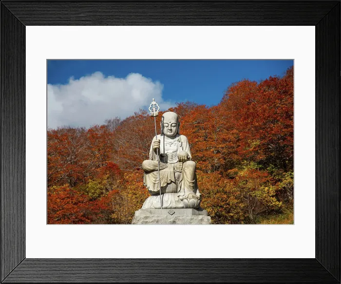 Framed Print : Big shizo statue in front of fire red autumnal leaves at beautiful Japanese temple surrounded by autumn colors, Osorezan Bodaiji Temple, Mutsu, Aomori prefecture, Honshu, Japan, Asia Framed Print : Big shizo statue in front of fire red autumnal leaves at beautiful Japanese temple surrounded by autumn colors, Osorezan Bodaiji Temple, Mutsu, Aomori prefecture, Honshu, Japan, Asia
