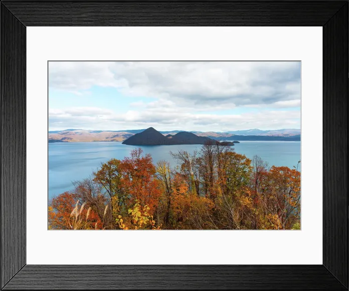 Framed Print : View from above onto Lake Toya and the island inside the crater, in autumn, Abuta, Hokkaido, Japan, Asia Framed Print : View from above onto Lake Toya and the island inside the crater, in autumn, Abuta, Hokkaido, Japan, Asia