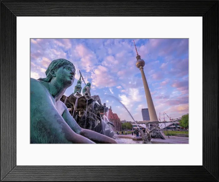 Framed Print : View of Berliner Fernsehturm and Neptunbrunnen fountain at dusk, Panoramastrasse, Berlin, Germany, Europe Framed Print : View of Berliner Fernsehturm and Neptunbrunnen fountain at dusk, Panoramastrasse, Berlin, Germany, Europe