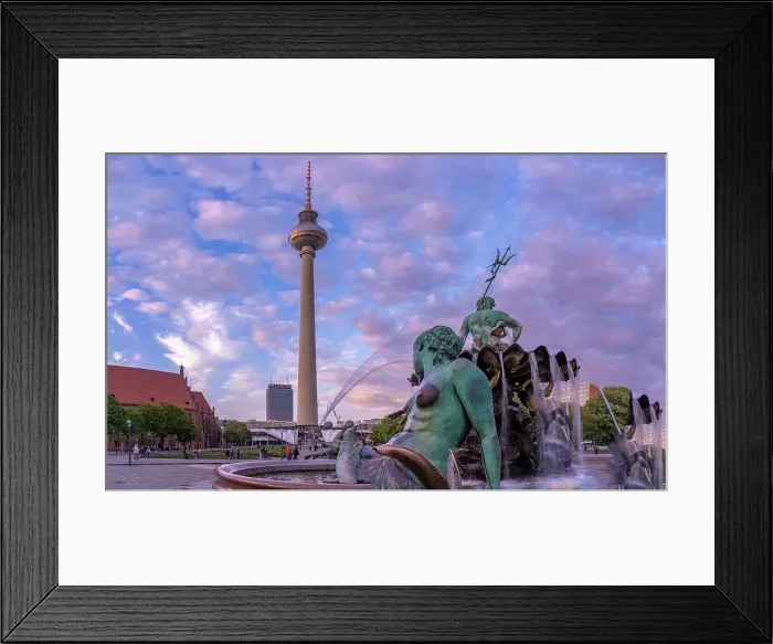 Framed Print : View of Berliner Fernsehturm and Neptunbrunnen fountain at dusk, Panoramastrasse, Berlin, Germany, Europe Framed Print : View of Berliner Fernsehturm and Neptunbrunnen fountain at dusk, Panoramastrasse, Berlin, Germany, Europe