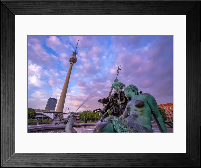 Framed Print : View of Berliner Fernsehturm and Neptunbrunnen fountain at dusk, Panoramastrasse, Berlin, Germany, Europe Framed Print : View of Berliner Fernsehturm and Neptunbrunnen fountain at dusk, Panoramastrasse, Berlin, Germany, Europe