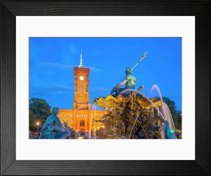 Framed Print : View of Rotes Rathaus (Town Hall) and Neptunbrunnen fountain at dusk, Panoramastrasse, Berlin, Germany, Europe Framed Print : View of Rotes Rathaus (Town Hall) and Neptunbrunnen fountain at dusk, Panoramastrasse, Berlin, Germany, Europe