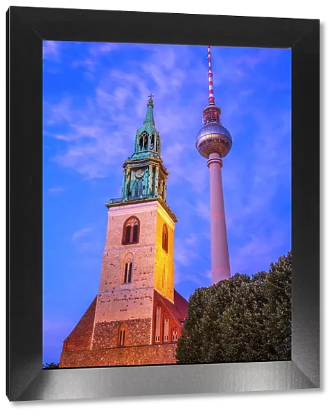 View of Berliner Fernsehturm and St. Mary's Church at dusk, Panoramastrasse, Berlin, Germany, Europe