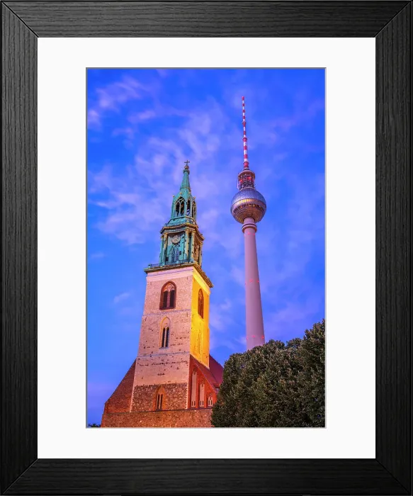 Framed Print : View of Berliner Fernsehturm and St. Mary's Church at dusk, Panoramastrasse, Berlin, Germany, Europe Framed Print : View of Berliner Fernsehturm and St. Mary's Church at dusk, Panoramastrasse, Berlin, Germany, Europe