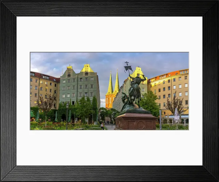 Framed Print : View of St. Nicholas Church and St. George The Dragonslayer at sunset, Nikolai District, Berlin, Germany, Europe