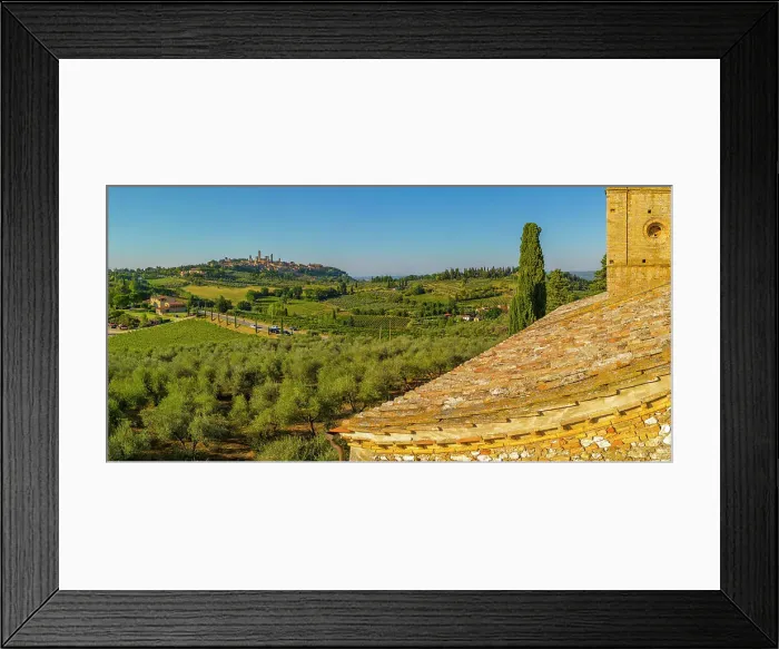 Framed Print : Elevated view of San Gimignano and town at sunset, San Gimignano, Tuscany, Italy, Europe Framed Print : Elevated view of San Gimignano and town at sunset, San Gimignano, Tuscany, Italy, Europe
