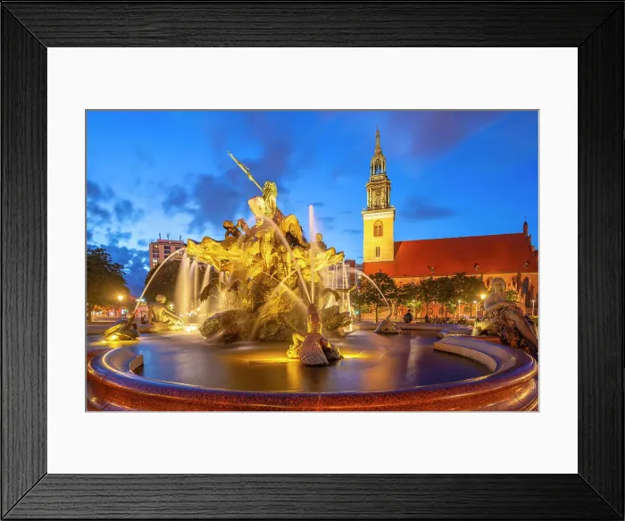 Framed Print : View of St. Mary's Church and Neptunbrunnen fountain at dusk, Panoramastrasse, Berlin, Germany, Europe Framed Print : View of St. Mary's Church and Neptunbrunnen fountain at dusk, Panoramastrasse, Berlin, Germany, Europe