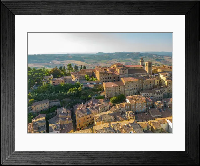 Framed Print : Elevated view of rooftops and town of Montepulciano at sunset, Montepulciano, Tuscany, Italy, Europe