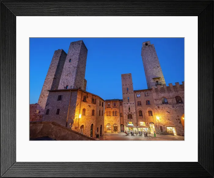 Framed Print : View of restaurants in Piazza del Duomo at dusk, San Gimignano, UNESCO World Heritage Site, Province of Siena, Tuscany, Italy, Europe Framed Print : View of restaurants in Piazza del Duomo at dusk, San Gimignano, UNESCO World Heritage Site, Province of Siena, Tuscany, Italy, Europe