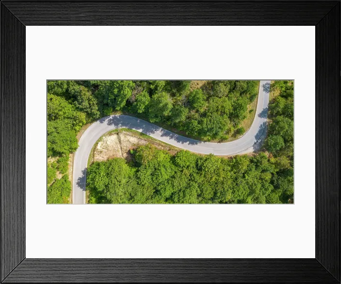 Framed Print : Elevated view of road snaking through trees near Borello, Emilia Romagna, Italy, Europe