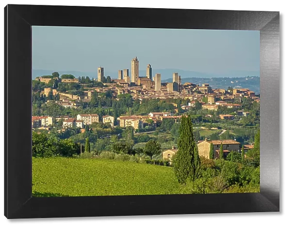 View of vineyards and San Gimignano skyline, San Gimignano, Province of Siena, Tuscany, Italy, Europe