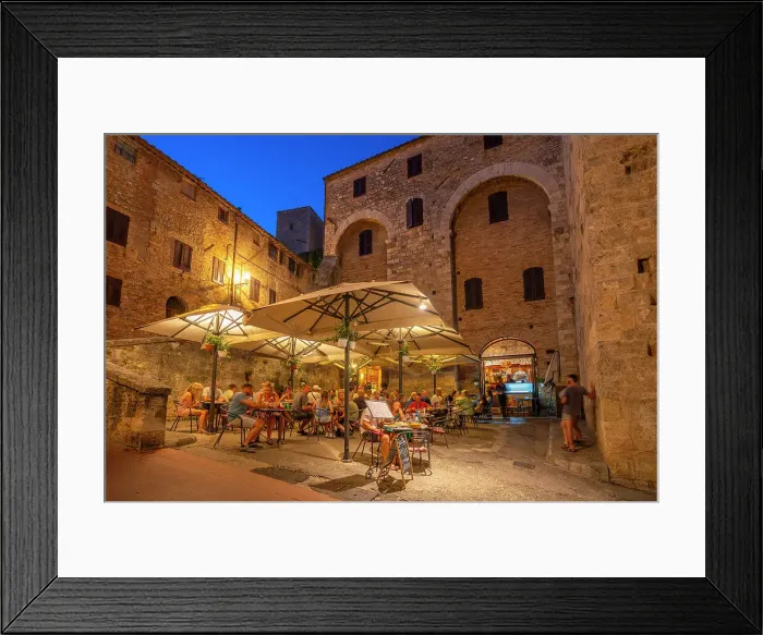 Framed Print : View of restaurant in historic centre at dusk, San Gimignano, UNESCO World Heritage Site, Province of Siena, Tuscany, Italy, Europe Framed Print : View of restaurant in historic centre at dusk, San Gimignano, UNESCO World Heritage Site, Province of Siena, Tuscany, Italy, Europe