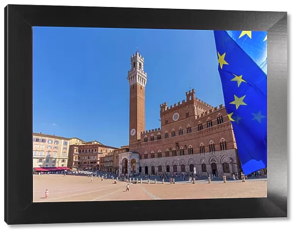 View of EU flags and Palazzo Pubblico in Piazza del Campo, UNESCO World Heritage Site, Siena, Tuscany, Italy, Europe