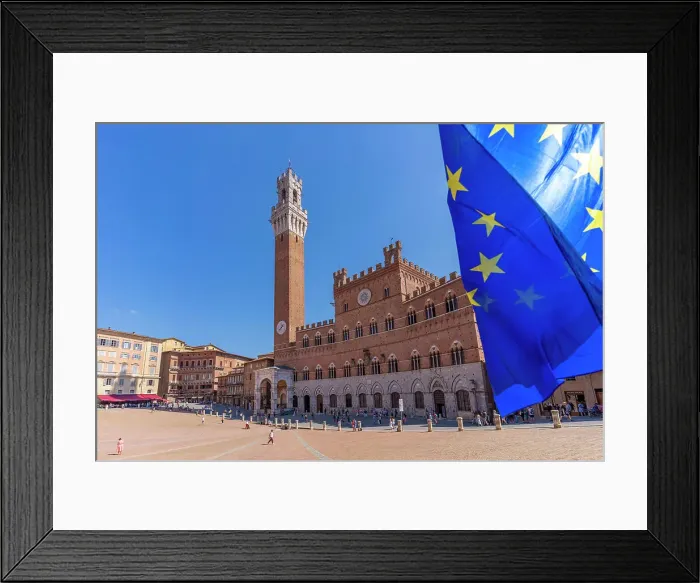 Framed Print : View of EU flags and Palazzo Pubblico in Piazza del Campo, UNESCO World Heritage Site, Siena, Tuscany, Italy, Europe Framed Print : View of EU flags and Palazzo Pubblico in Piazza del Campo, UNESCO World Heritage Site, Siena, Tuscany, Italy, Europe