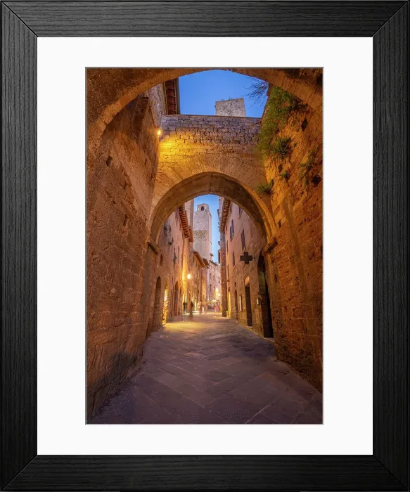 Framed Print : View of narrow street in San Gimignano at dusk, San Gimignano, UNESCO World Heritage Site, Province of Siena, Tuscany, Italy, Europe Framed Print : View of narrow street in San Gimignano at dusk, San Gimignano, UNESCO World Heritage Site, Province of Siena, Tuscany, Italy, Europe