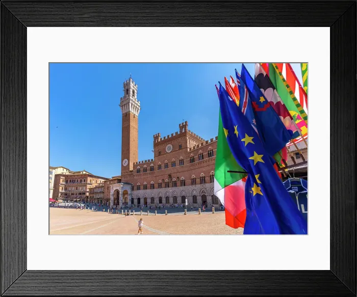 Framed Print : View of flags and Palazzo Pubblico in Piazza del Campo, UNESCO World Heritage Site, Siena, Tuscany, Italy, Europe Framed Print : View of flags and Palazzo Pubblico in Piazza del Campo, UNESCO World Heritage Site, Siena, Tuscany, Italy, Europe