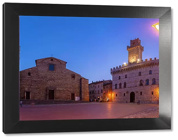 View of Duomo and Palazzo Comunale in Piazza Grande at dusk, Montepulciano, Province of Siena, Tuscany, Italy, Europe