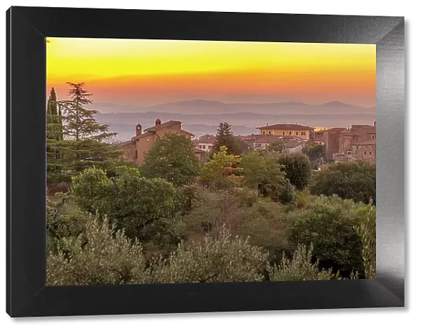 View of sunrise over Chianciano Terme, Province of Siena, Tuscany, Italy, Europe