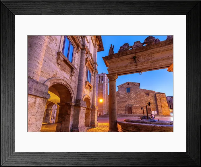 Framed Print : View of Pozzo dei Grifi e dei Leoni an Duomo in Piazza Grande at dusk, Montepulciano, Province of Siena, Tuscany, Italy, Europe Framed Print : View of Pozzo dei Grifi e dei Leoni an Duomo in Piazza Grande at dusk, Montepulciano, Province of Siena, Tuscany, Italy, Europe