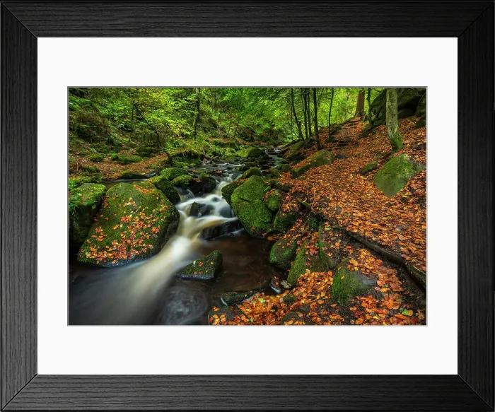Framed Print : Waterfall and path, autumn colour, Wyming Brook, Peak District National Park, Derbyshire, England, United Kingdom, Europe