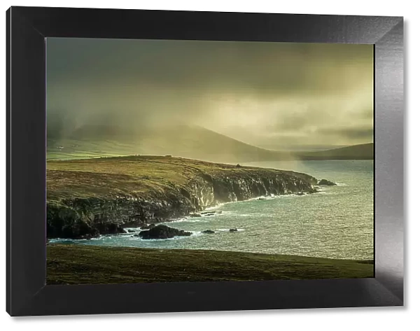 Rain sweeping across cliff tops, Dingle Peninsula, County Kerry, Munster, Republic of Ireland (Eire), Europe